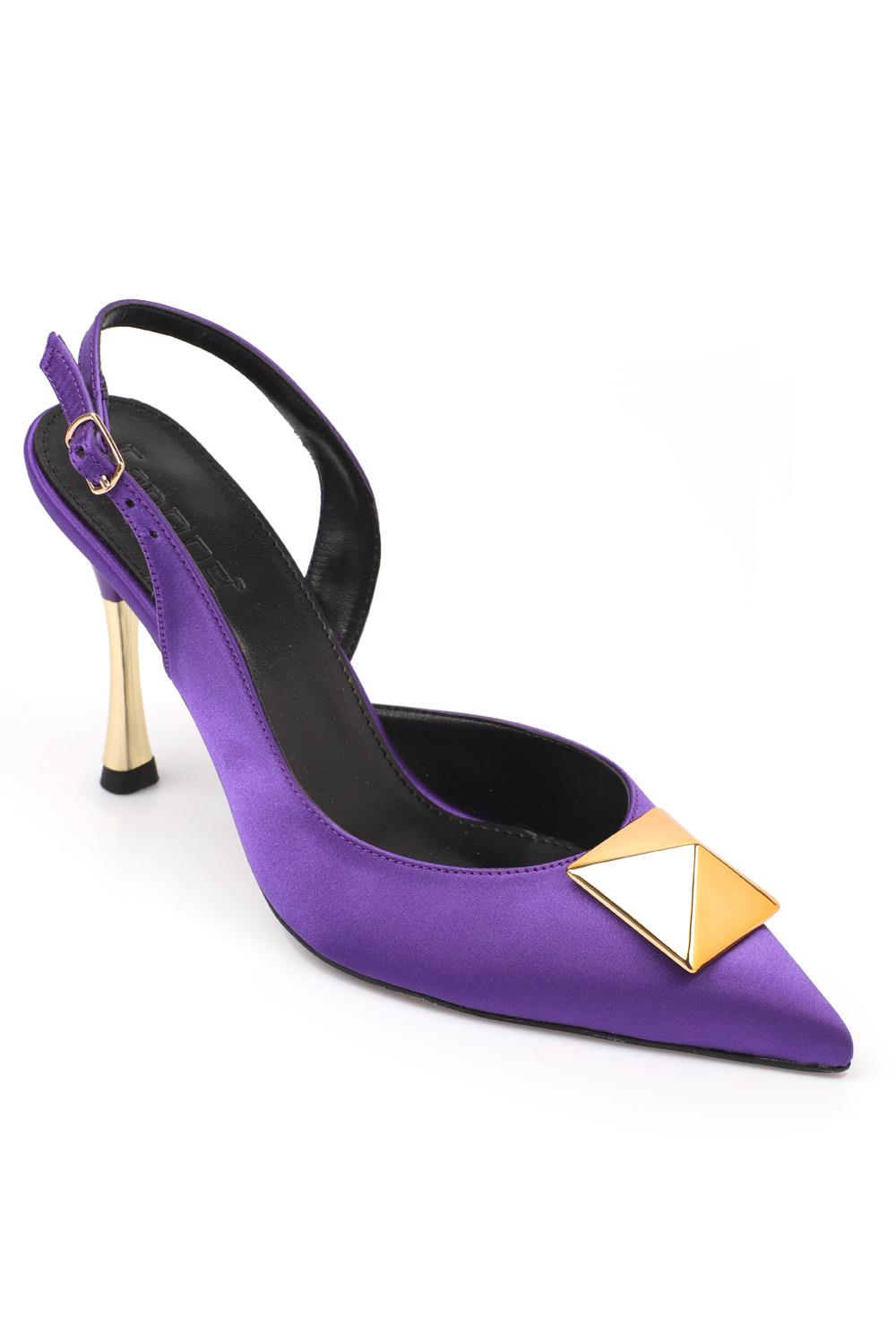 Capone Pointed Toe Big Spike Accessory Slingback Metal Heeled Satin Woman Shoes