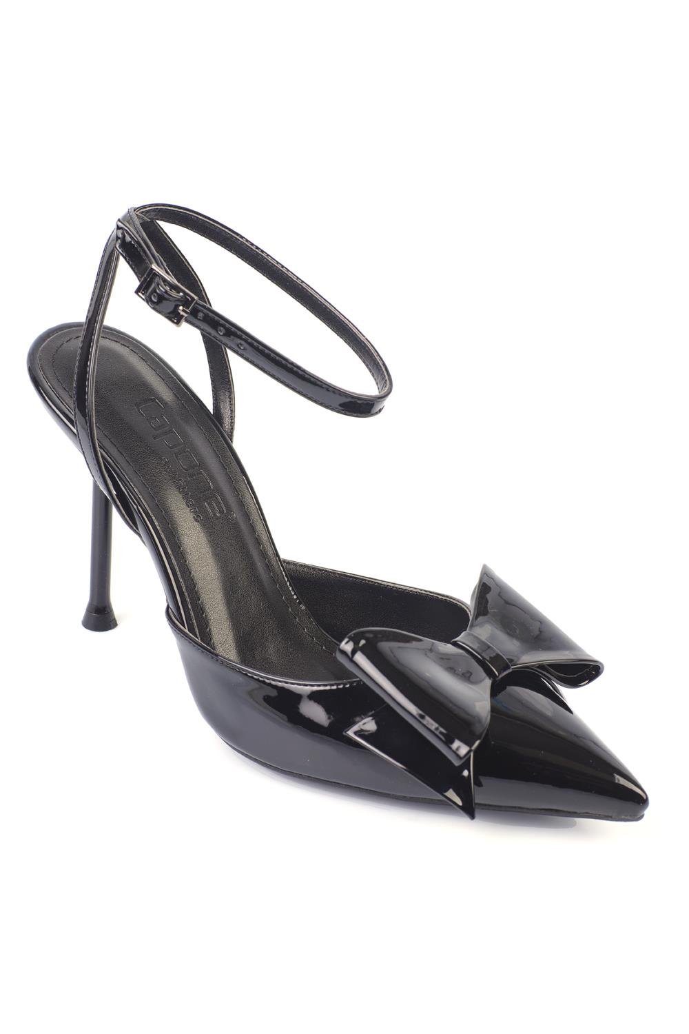 Capone Pointed Toe Bow Ankle Strap Women Patent Black Shoes