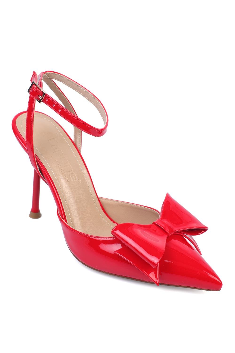 Capone Pointed Toe Bow Ankle Strap Women Patent Red Shoes