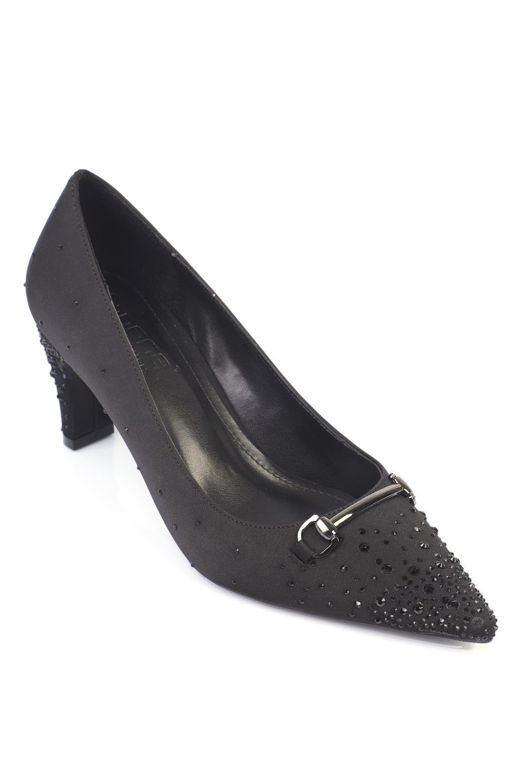 Capone Pointed Toe Crystal Embellished Mid-Heeled Satin Women Satin Black Shoes