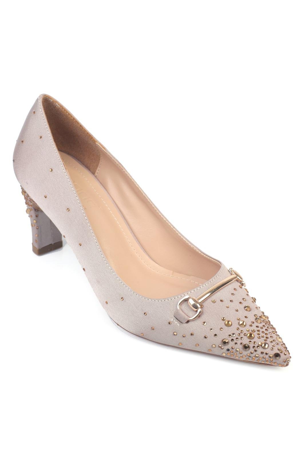 Capone Pointed Toe Crystal Embellished Mid-Heeled Satin Women Mink Shoes