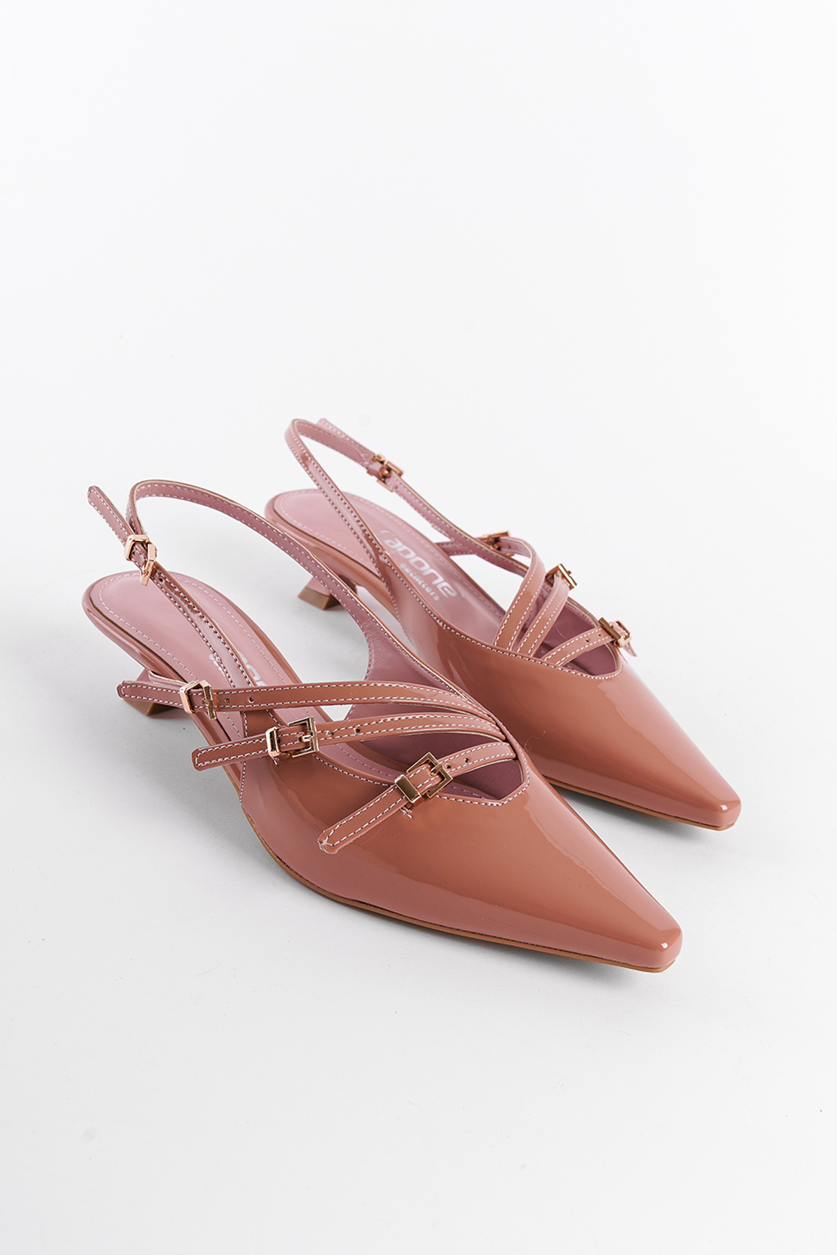 Capone Pointed Toe Low Heel Buckle Faux Patent Leather Women Pink Shoes