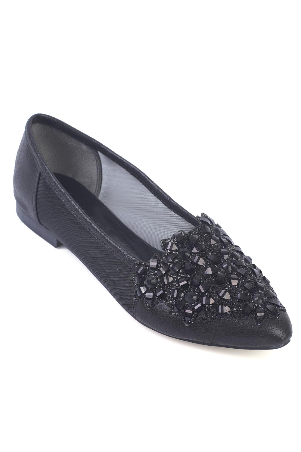 Capone Pointed Toe Mesh Crystal Embellished Women Black Ballerina