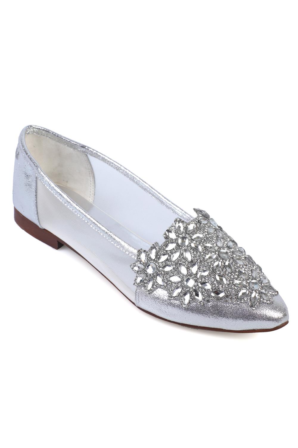 Capone Pointed Toe Mesh Crystal Embellished Women Silver Ballerina