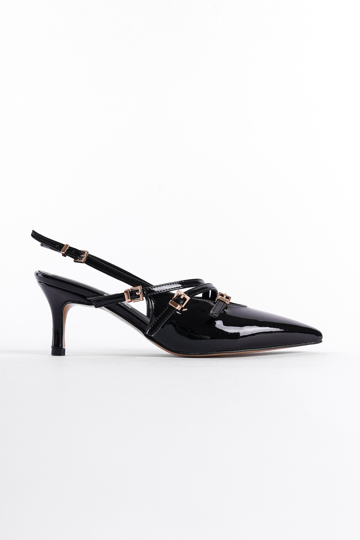 Capone Pointed Toe Mid Heel Buckle Faux Patent Leather Women Patent Black Shoes