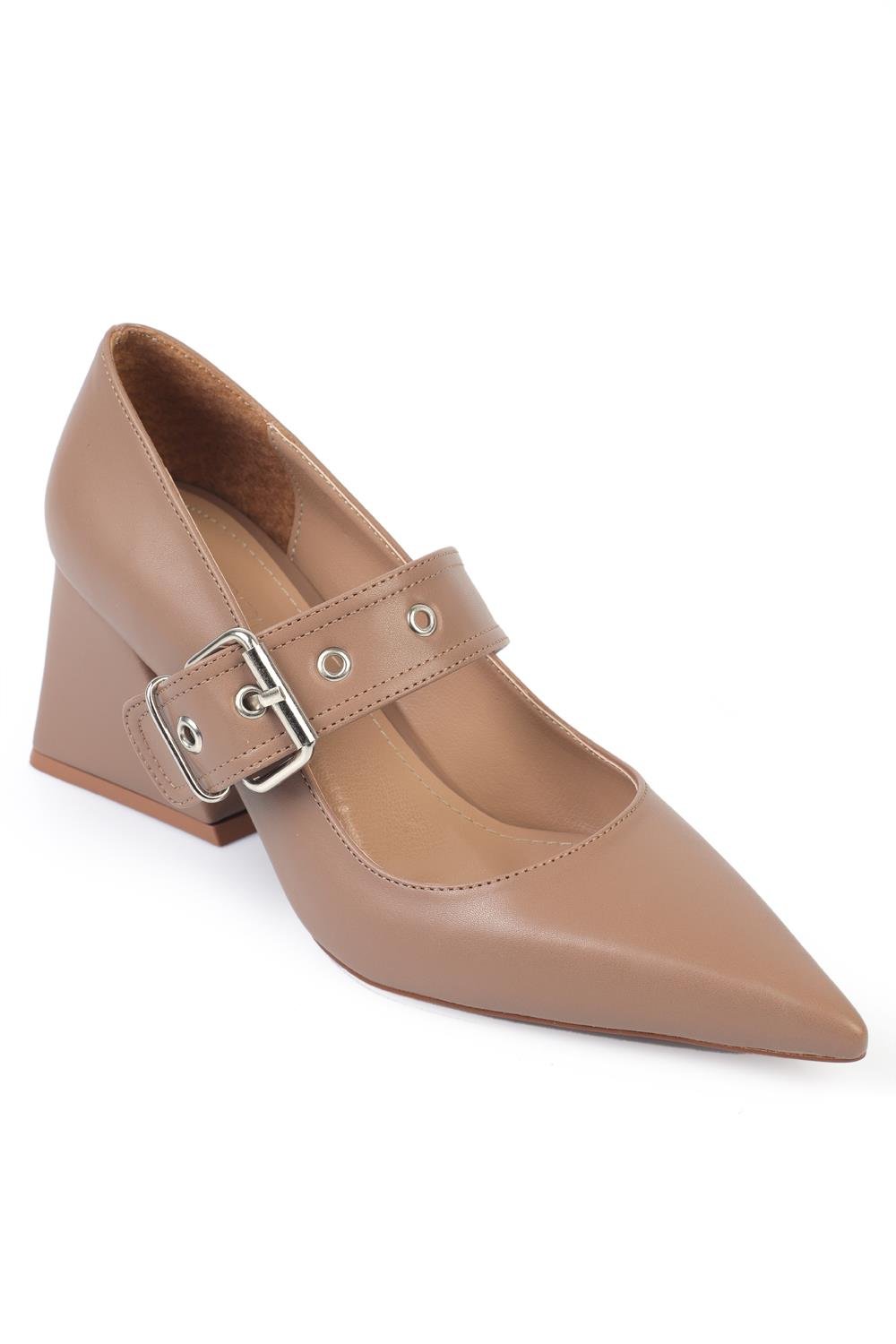 Capone Pointed-Toe Mid-Heeled Metal Buckled Women Mink Shoes