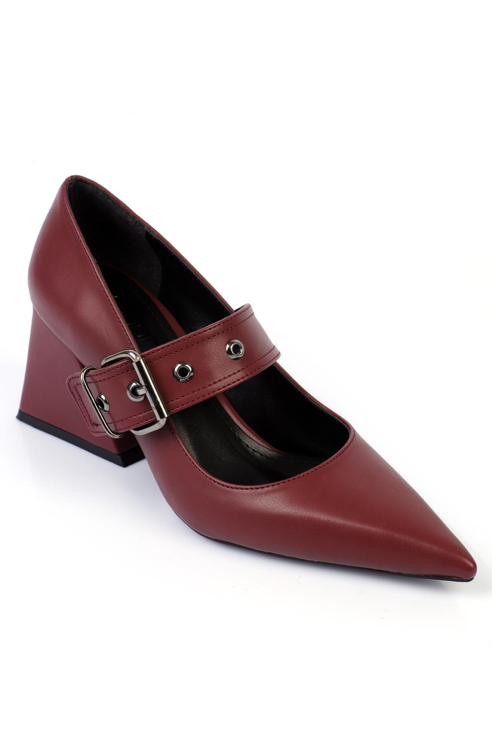 Capone Pointed-Toe Mid-Heeled Metal Buckled Women Burgundy Shoes
