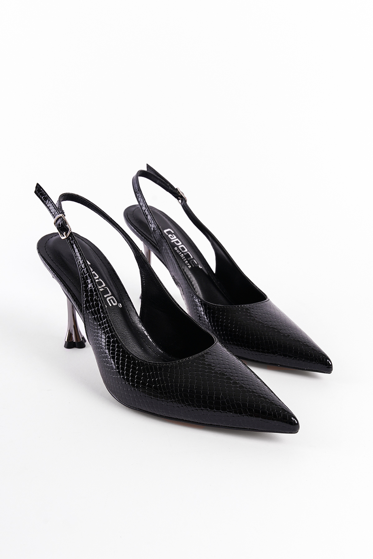 Capone Pointed Toe Mid Heeled Women Metallic Black Shoes