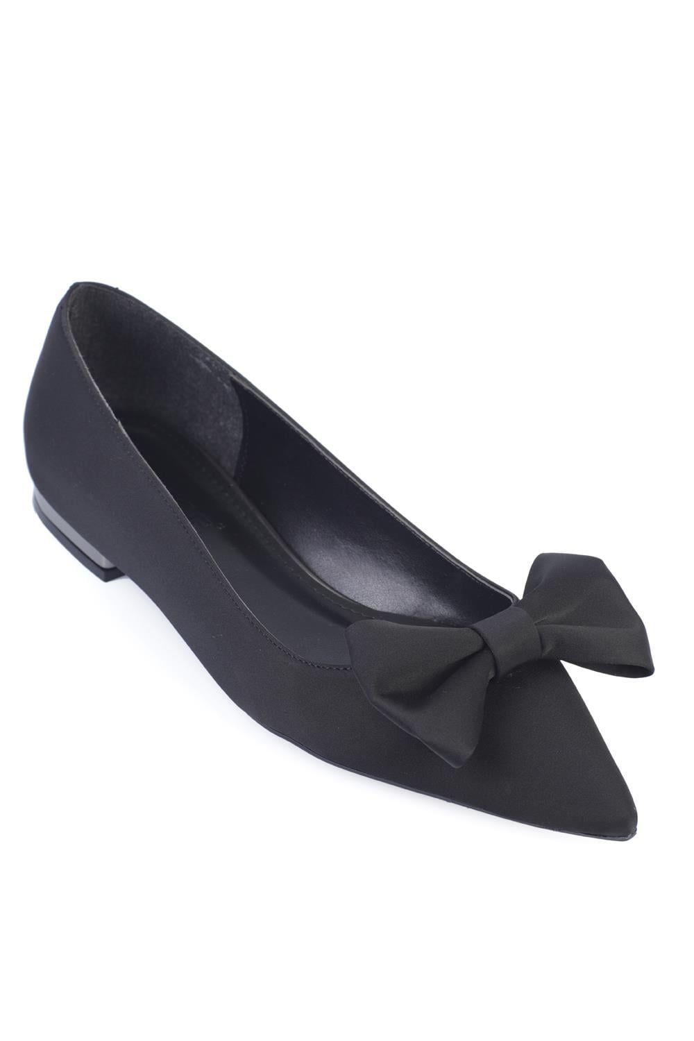 Capone Pointed Toe Short Heeled Bow Satin Women Satin Black Ballerinas