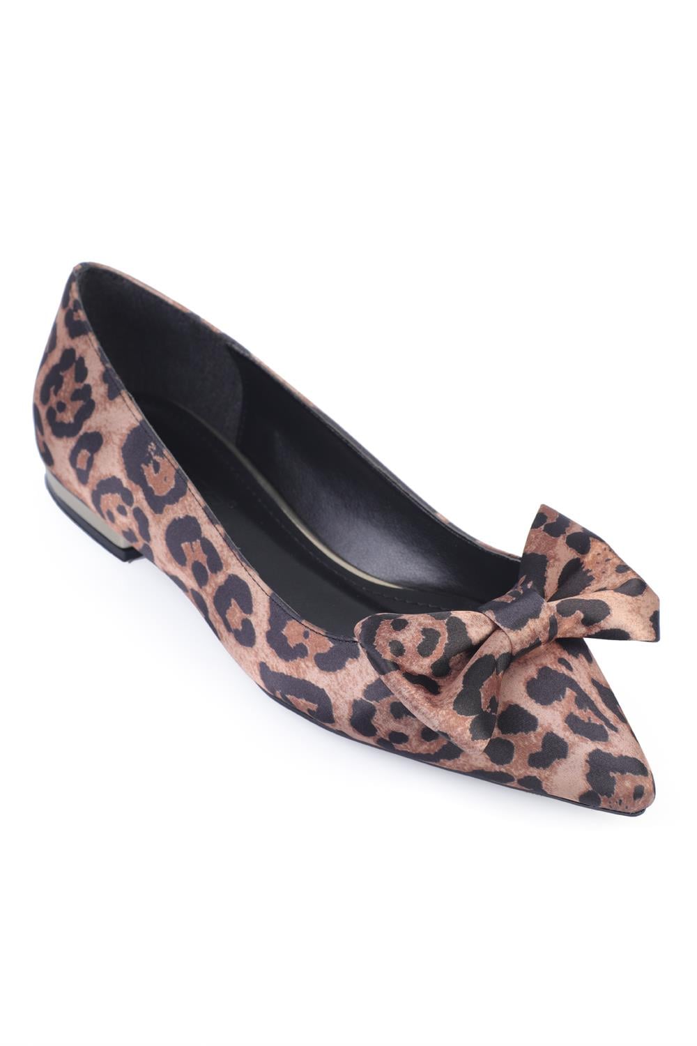 Capone Pointed Toe Short Heeled Bow Satin Women Leopard Ballerinas