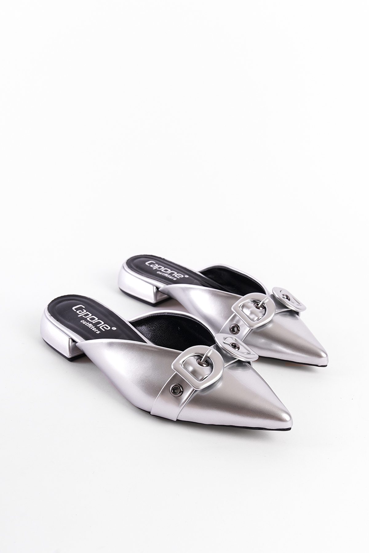 Capone Pointed Toe Short Heeled Double Buckle Closed Women Grey Sandals
