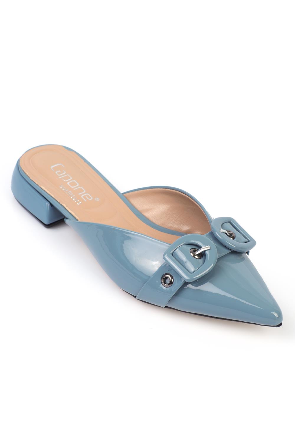 Capone Pointed Toe Short Heeled Double Buckle Closed Women Blue Sandals