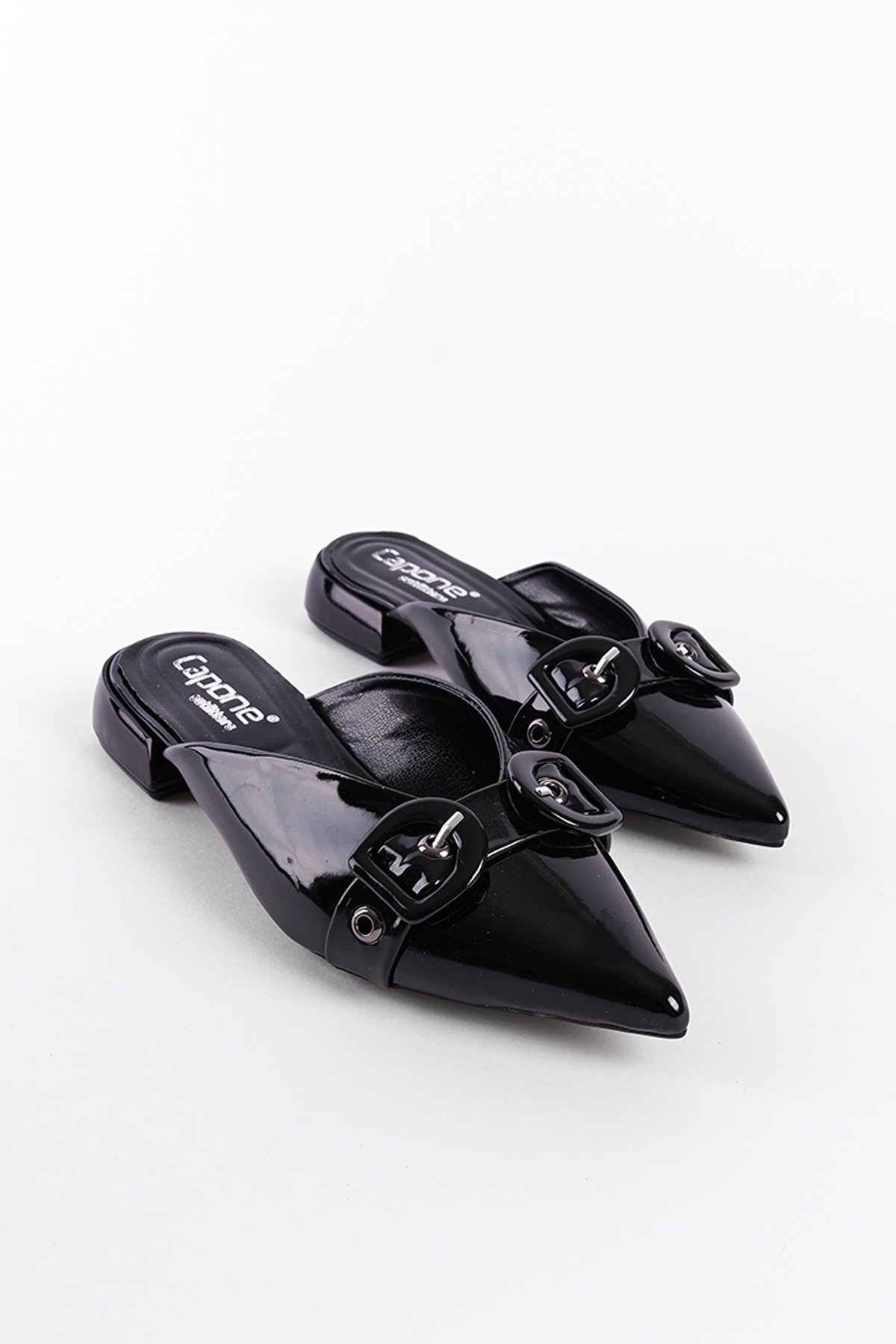 Capone Pointed Toe Short Heeled Double Buckle Closed Women Patent Black Sandals