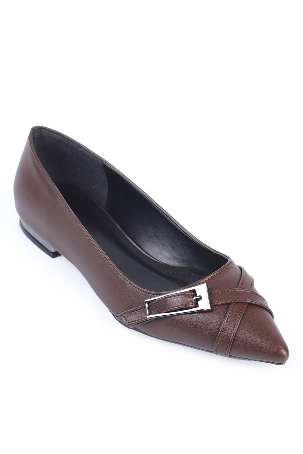 Capone Pointed Toe Short Heeled Metal Accessorized Women Brown Ballerinas