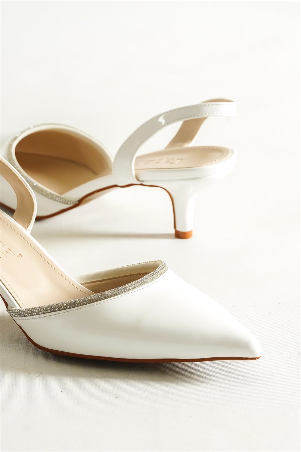Capone Pointed Toe Slingback Crystal Embellished Mid Heel Patent Leather  Women White Shoes
