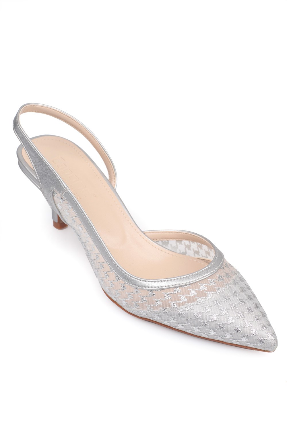 Capone Pointed Toe Slingback Mid Heel Netted Women Silver Shoes, image size:1000x1500