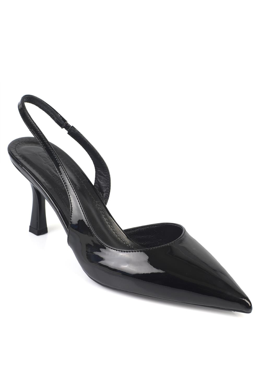 Capone Ramonda Genuine Leather Lined Pointed Toe Mid Heel Patent Look Open Back Women Patent Black Shoe