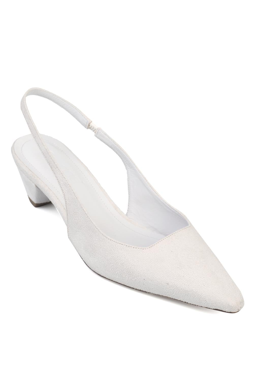 Capone Ricki Genuine Leather Lined Pointed Toe Mid Heel Suede Look Open Back Women White Shoe