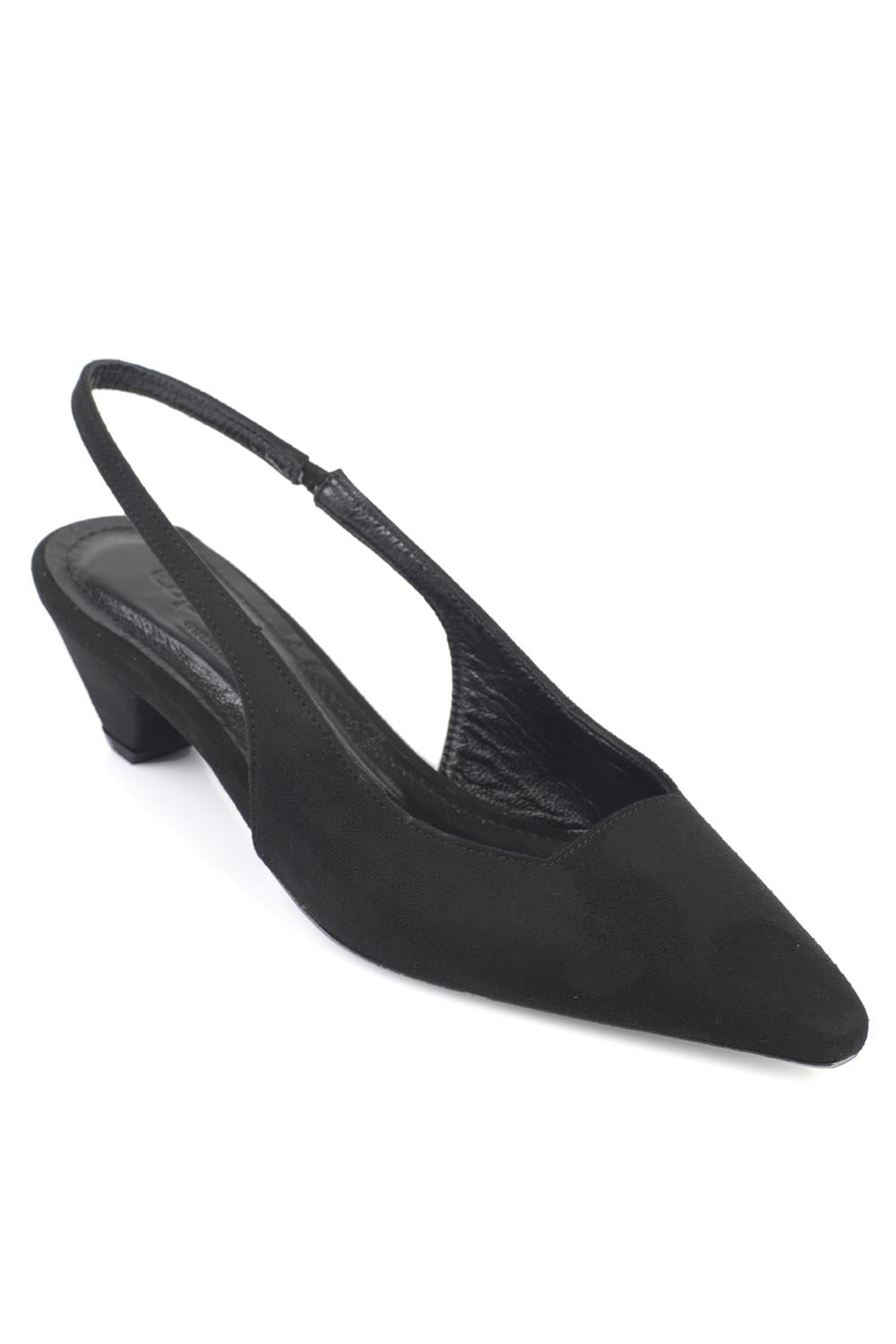 Capone Ricki Genuine Leather Lined Pointed Toe Mid Heel Suede Look Open Back Women Sued Black Shoe