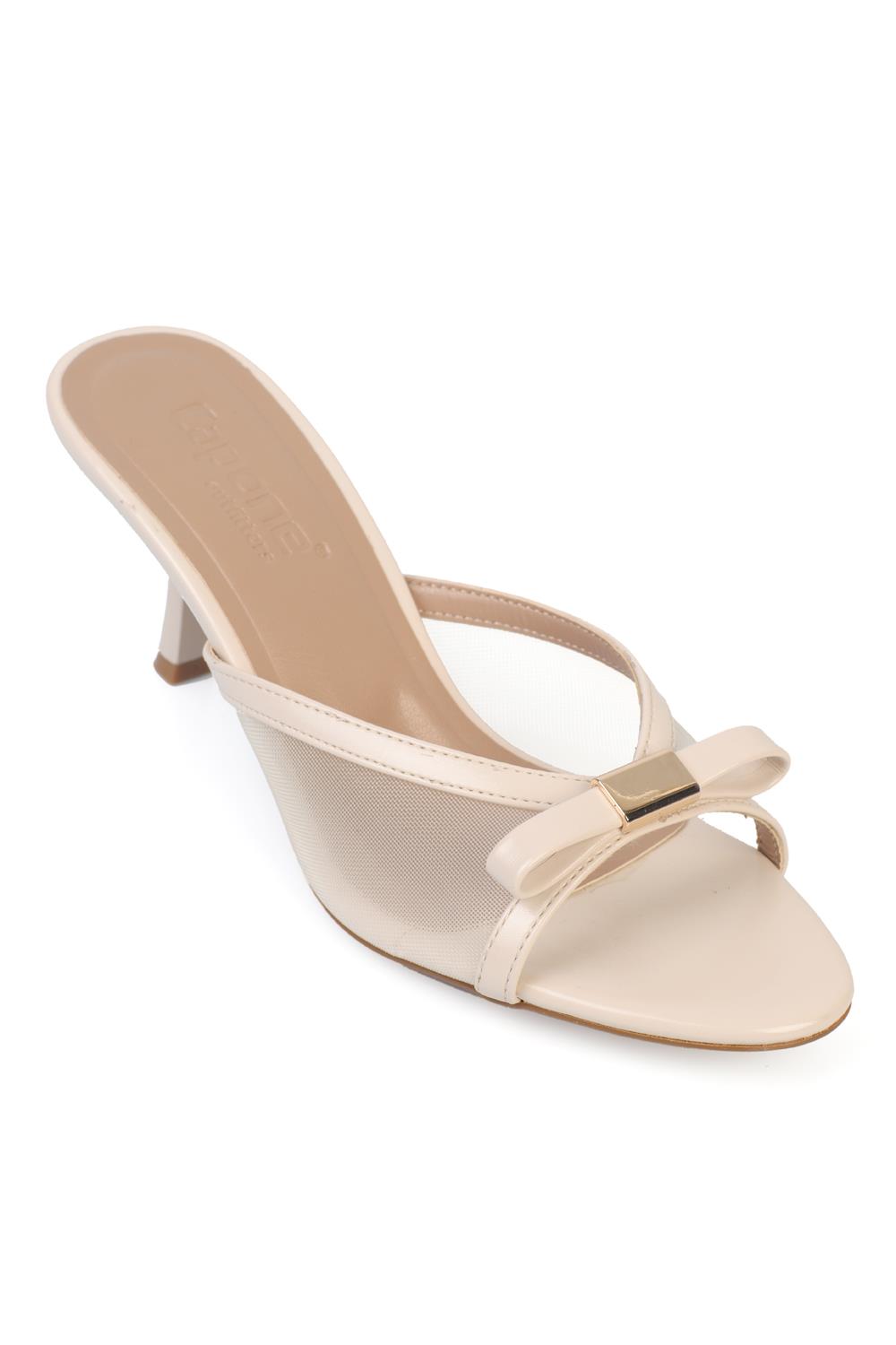 Capone Robbi Pointed Toe Mesh Bow Detail Mid Heel Elegant Women Ecru Sandal
