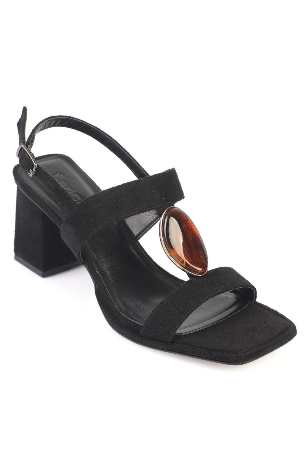 Capone Ronni Block Mid Heel Crystal Embellished Suede Look Women Sued Black Shoe