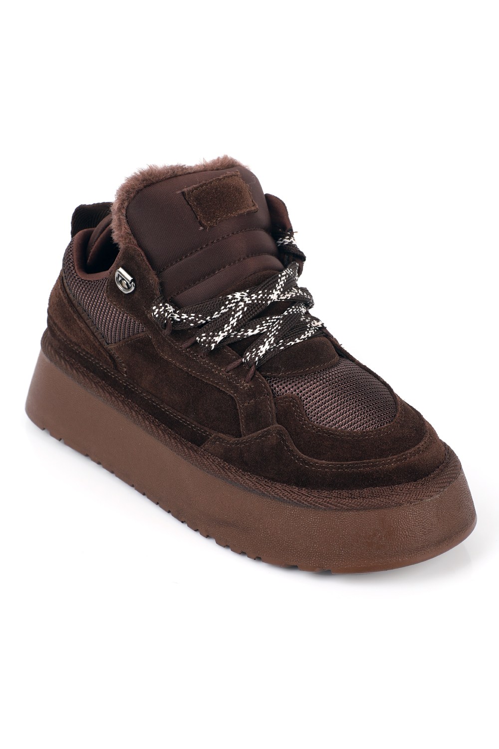 Capone Rosette Genuine Suede Faux Fur Lined Women Brown Sneaker