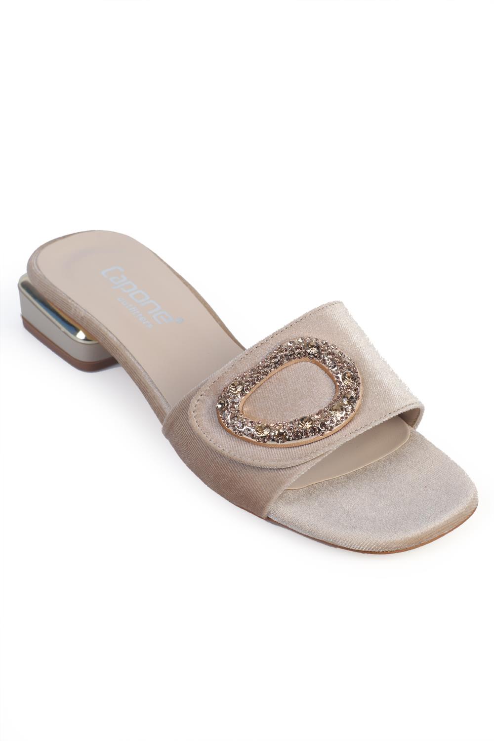 Capone Round Blunt Toe Crystal Embellished Buckled Women Velvet Beige Short Heeled Sandals