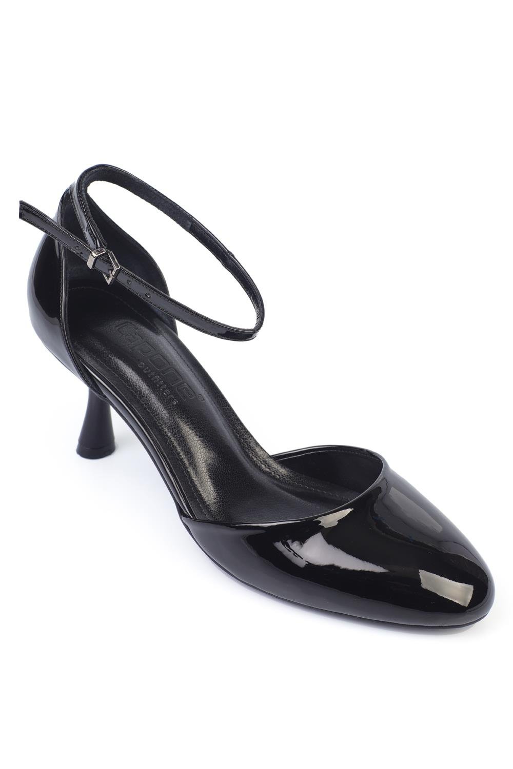 Capone Round Toe Medium Heeled Ankle Strap Women Patent Black Shoes