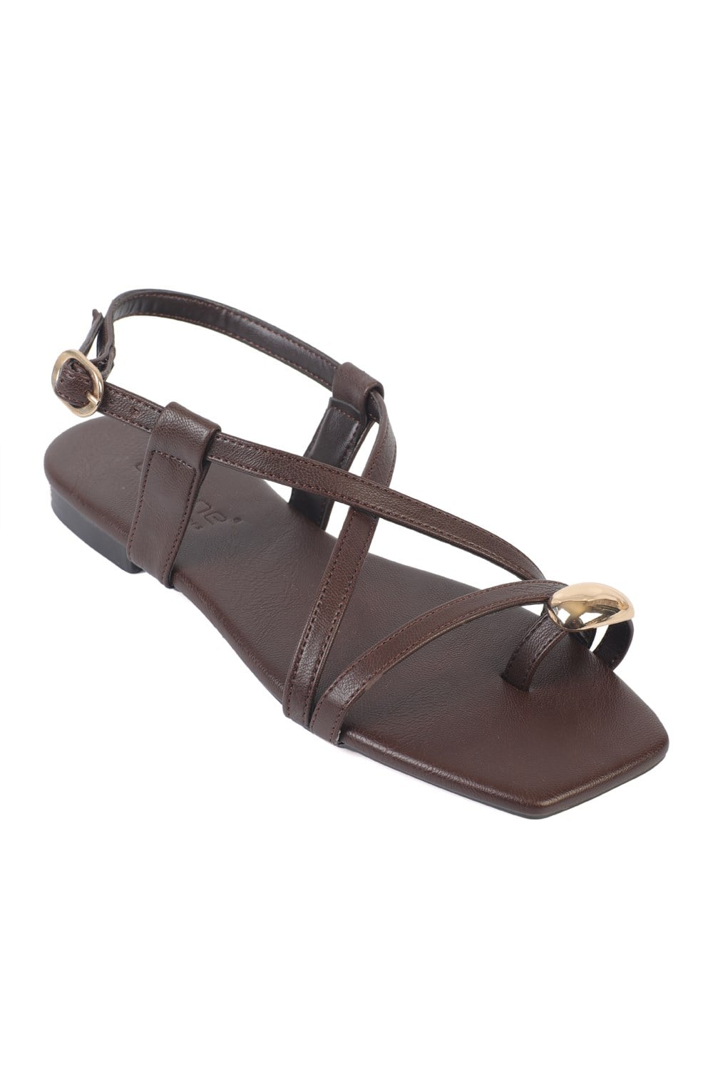 Capone RoxySquare Toe Metal Thong Band Flat Heel Women Brown Sandal
