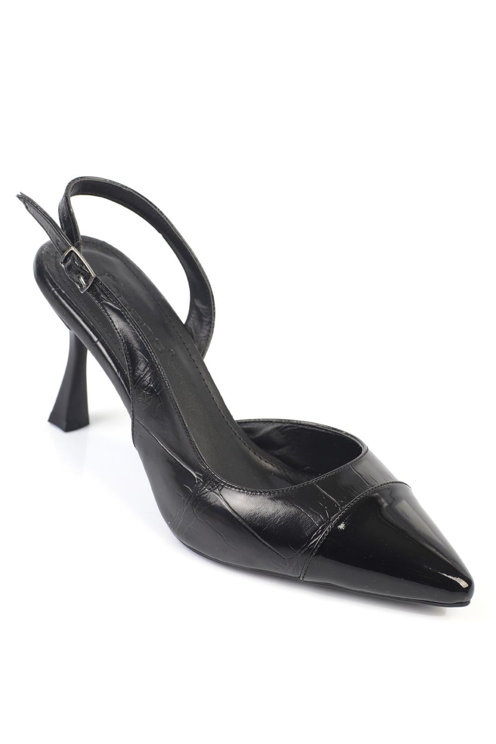 Capone Sall Pointed Toe Croc Effect Open Back Mid Heel Women Black Shoe