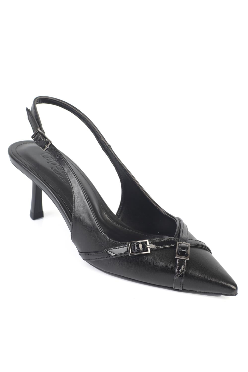 Capone Sarine Pointed Toe Mid Heel Cross Buckle Open Back Women Black Shoe