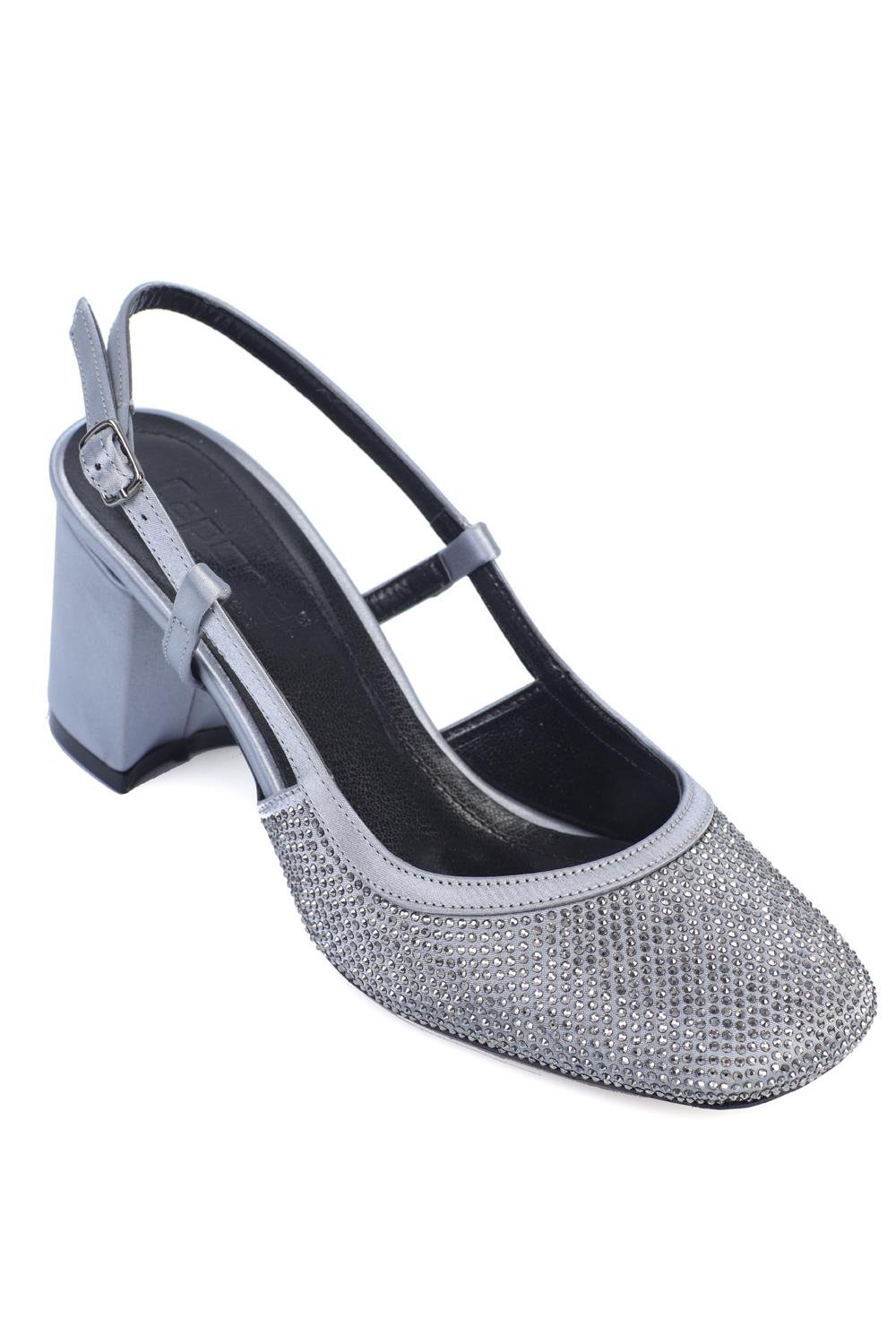 Capone Satin Crystal Embellished Back Strap Medium Heeled Women Platinum Shoes