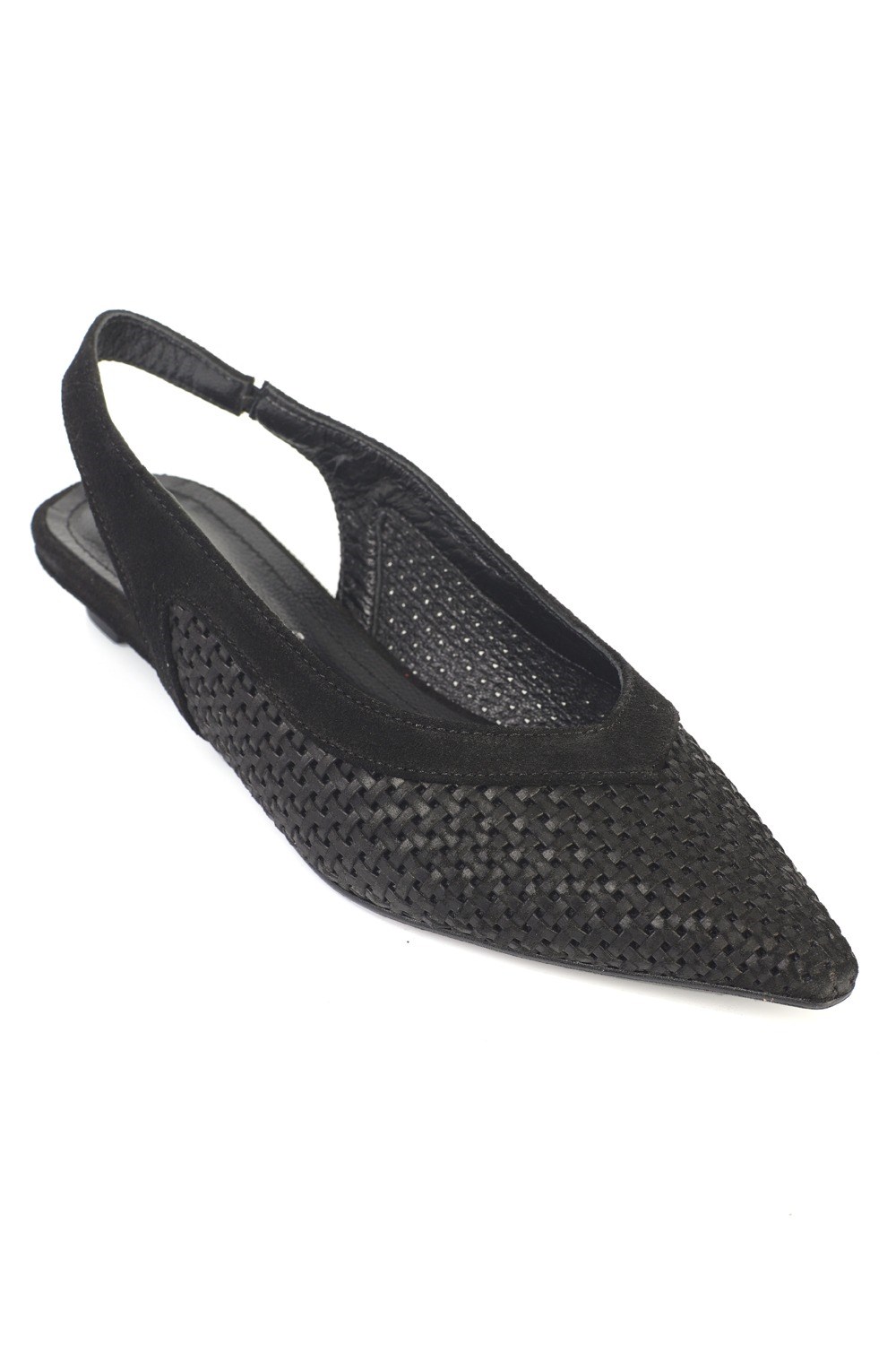 Capone Sharyl Suede Mesh Open Back Pointed Toe Flat Heel Casual Women Black Shoe