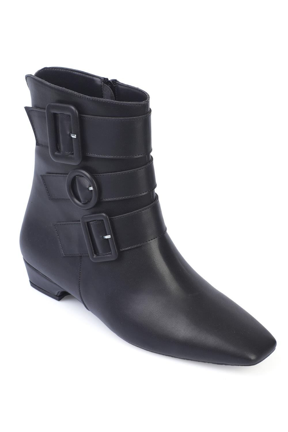 Capone Short Heel Side Zipper Buckled Blunt Toe Women Black Boots