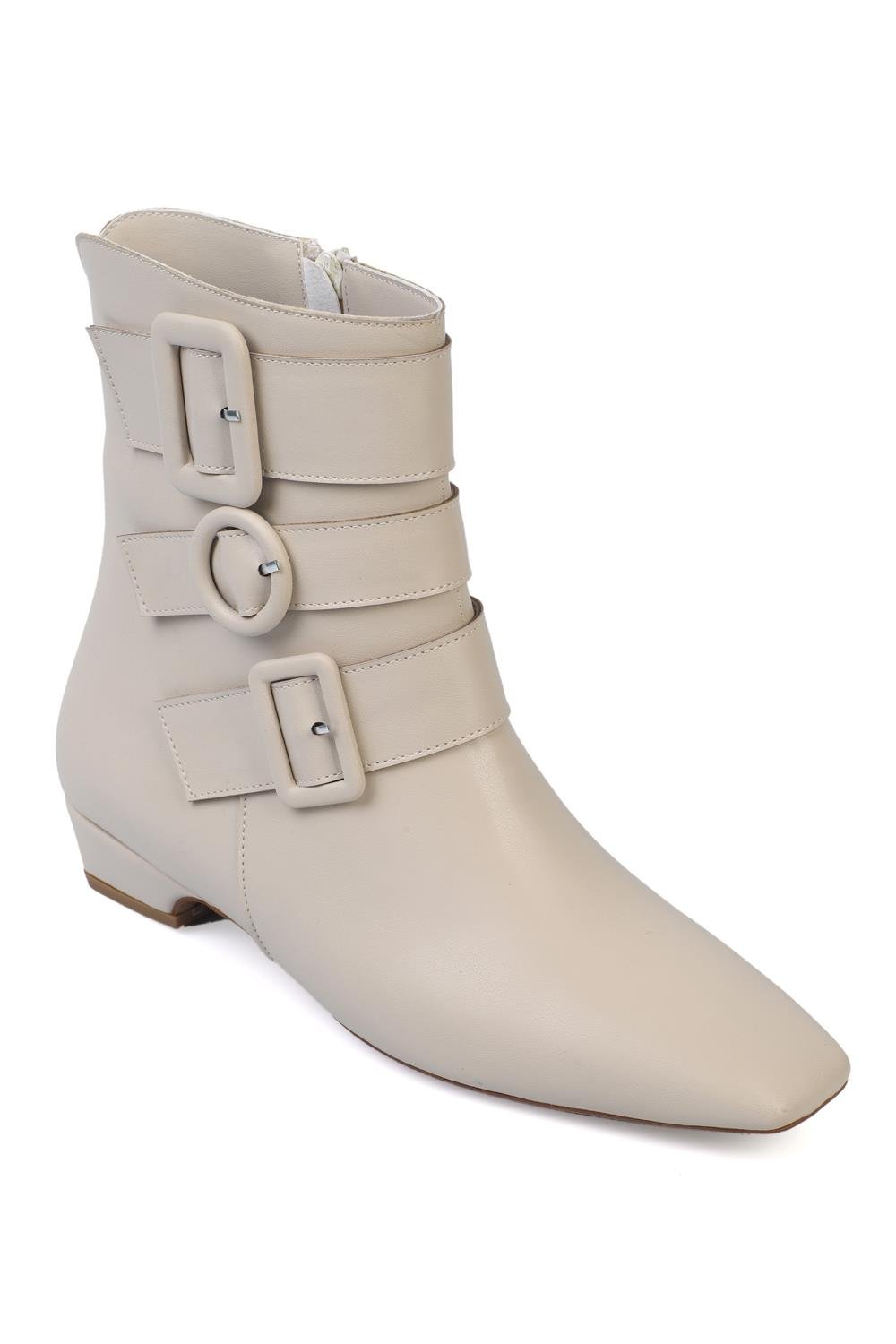 Capone Short Heel Side Zipper Buckled Blunt Toe Women Beige Boots