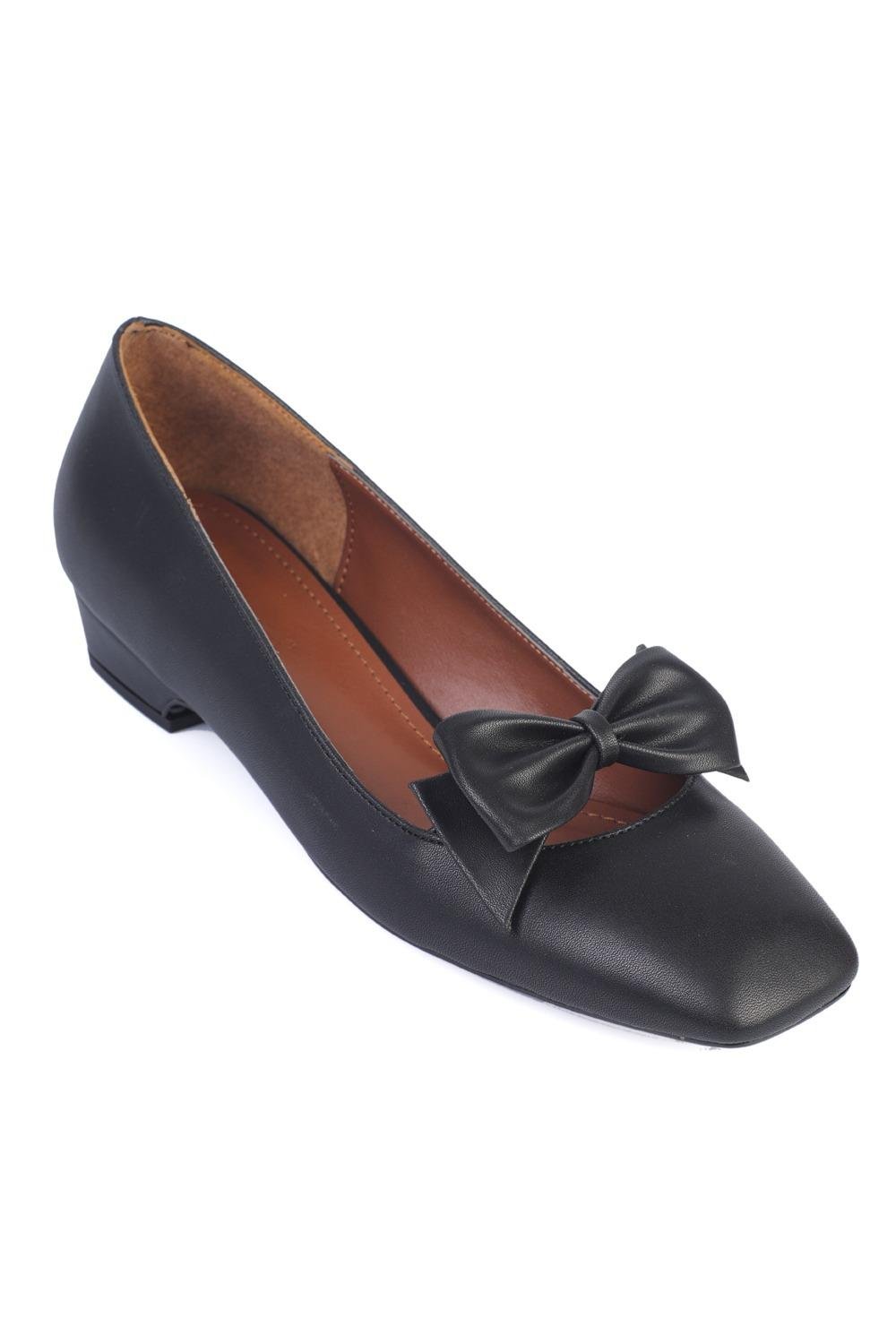 Capone Short Heeled Bow Satin Women Black Mary Jane Shoes