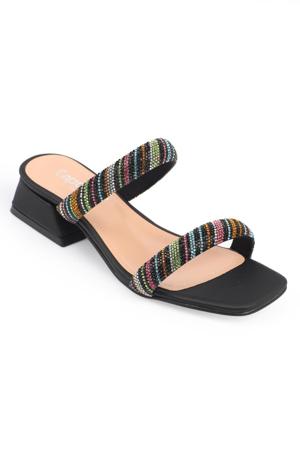 Capone Short Heeled Crystal Embellished Banded Flat Toe Woman Sandals