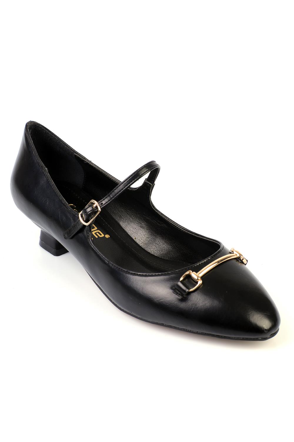 Capone Short-Heeled Metal Buckled Women Black Shoes