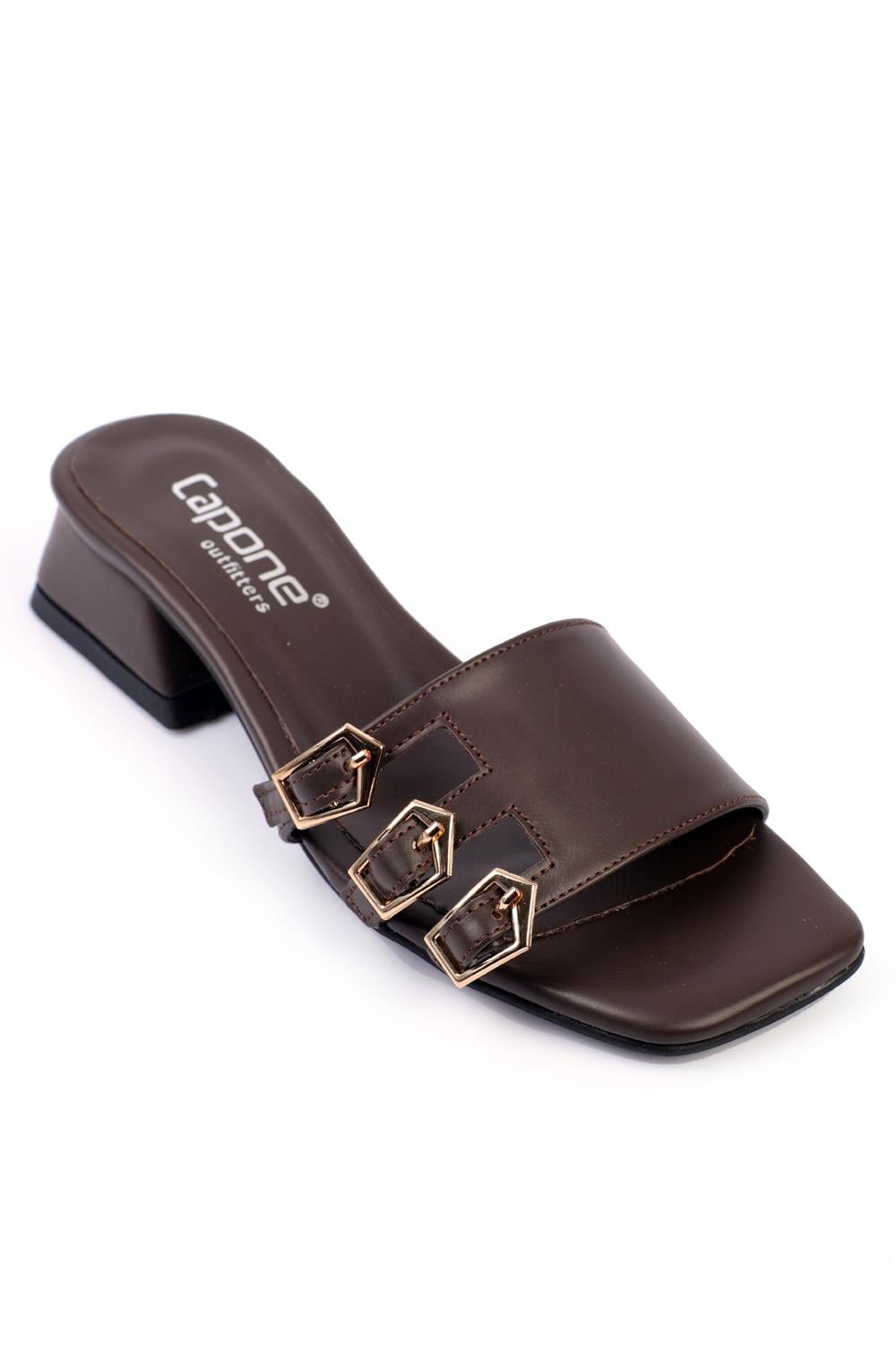 Capone Short Heeled Square Toe Buckled Women Dark Brown Sandals
