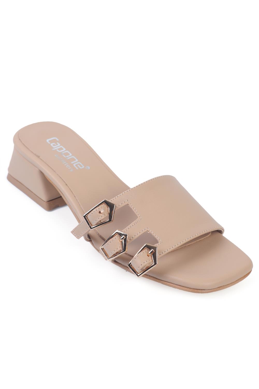 Capone Short Heeled Square Toe Buckled Women Nude Sandals