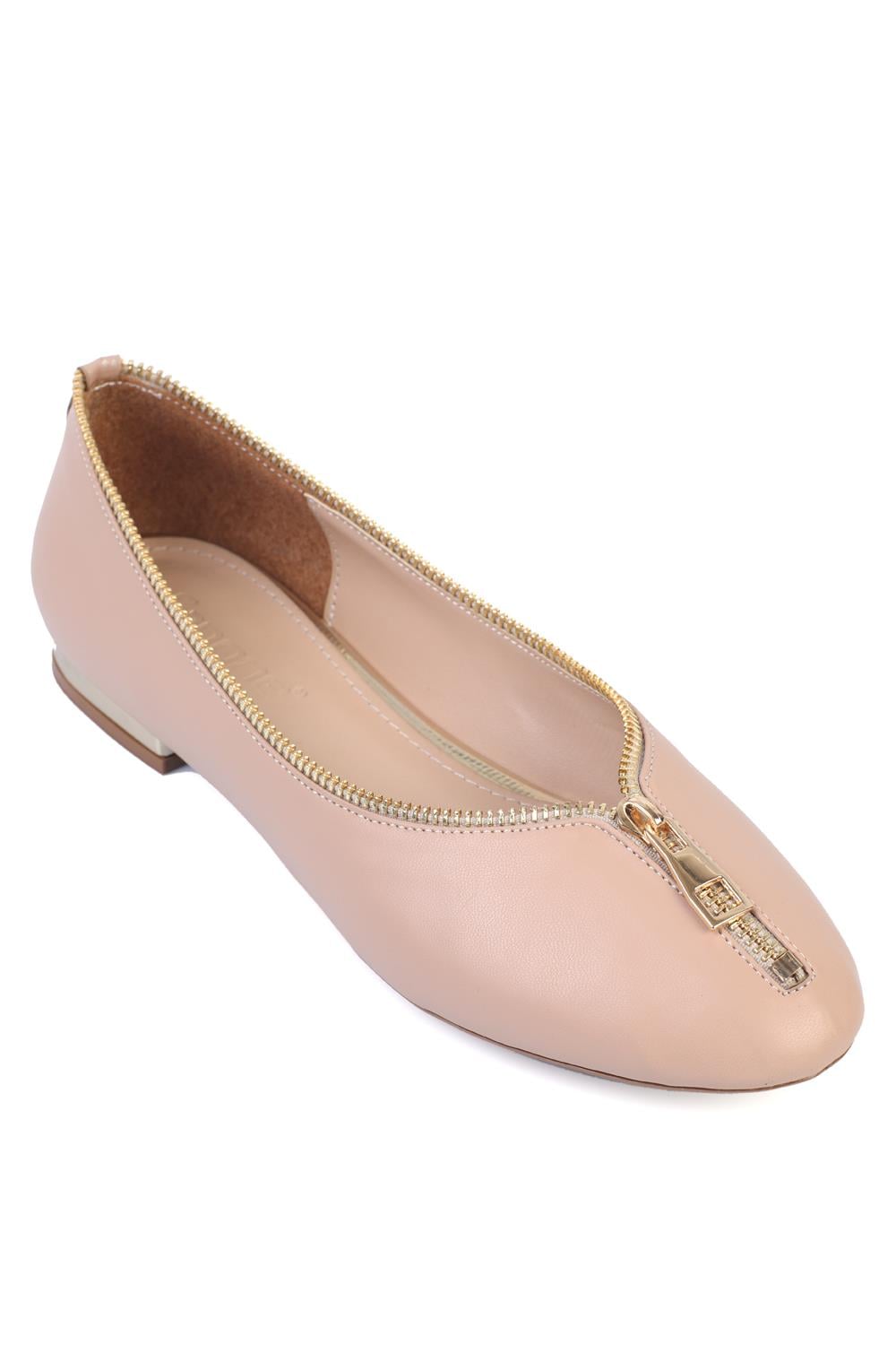 Capone Short Heeled Zippered Women Beige Ballerinass