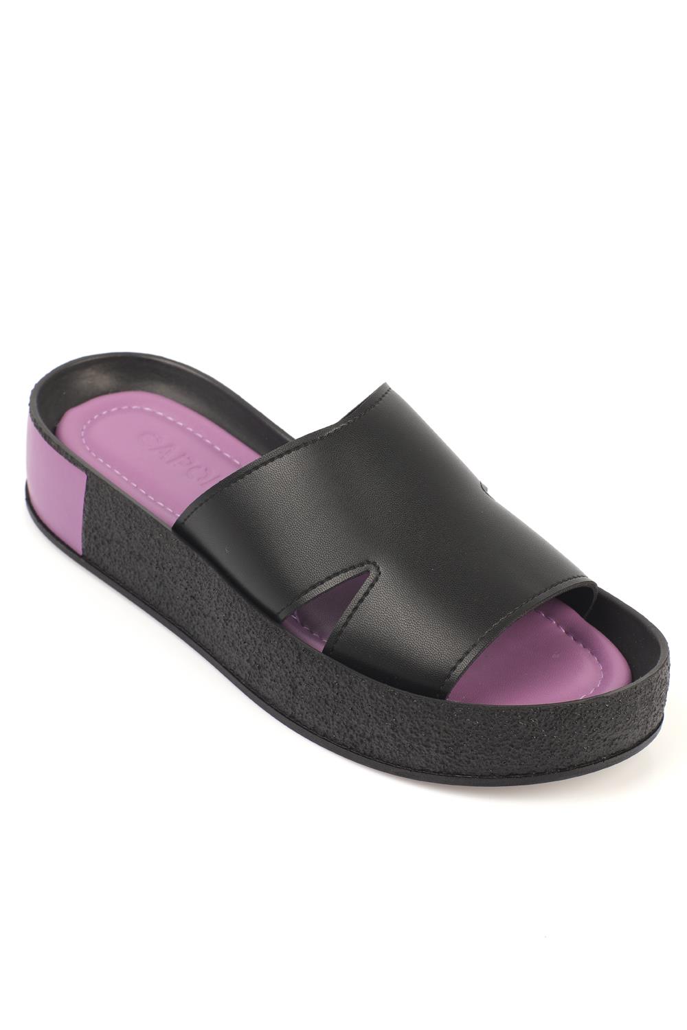 Capone Side Cleavage Single Band Colored Detail Wedge Heel Woman Sandals