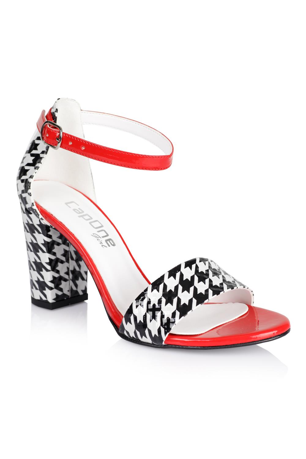Capone Silvy Block Heel Ankle Strap Houndstooth Pattern Women Houndstooth Sandals
