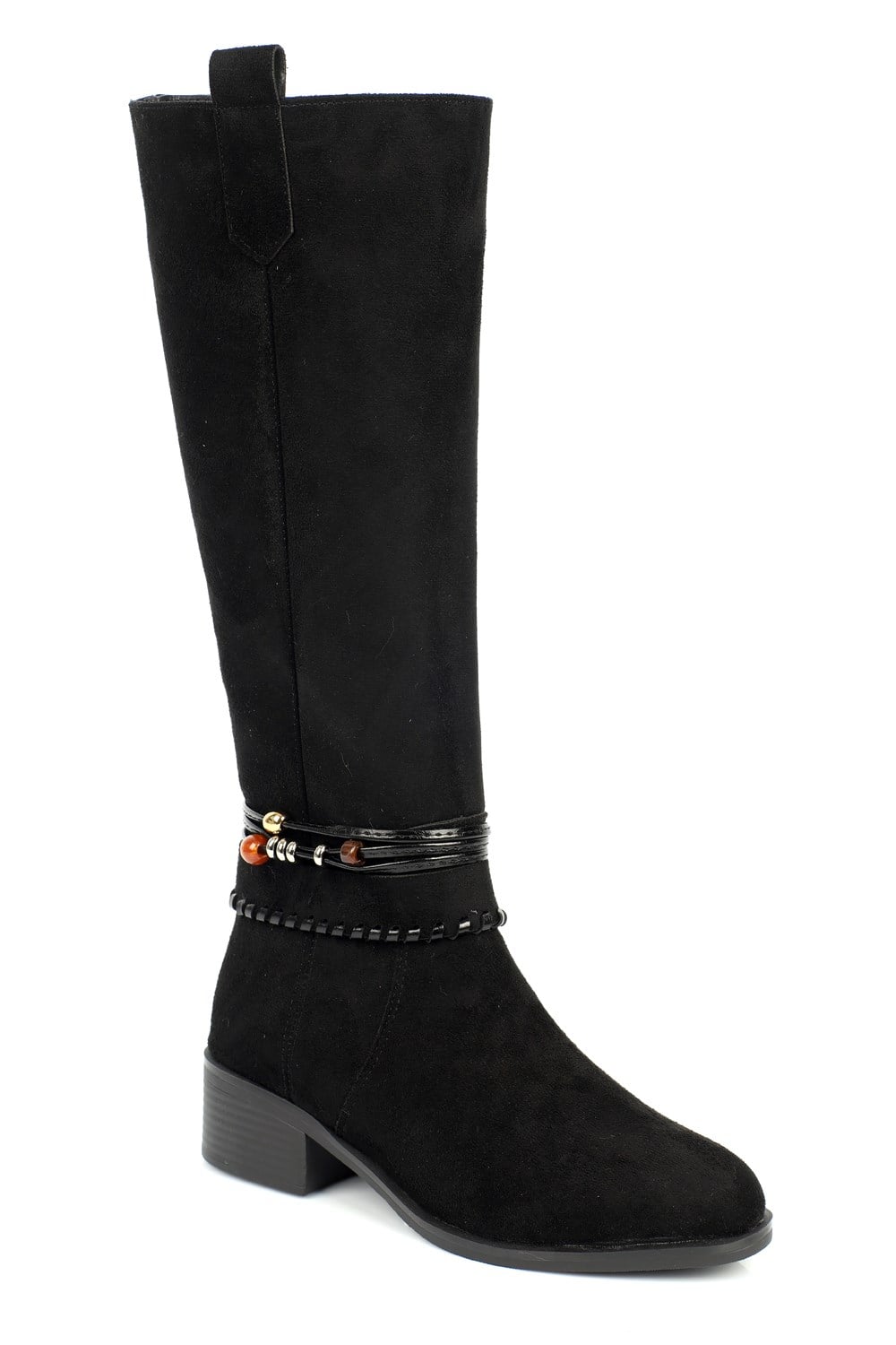 Capone Simone Suede Look Handwoven Wooden Accessory Women Black Boot
