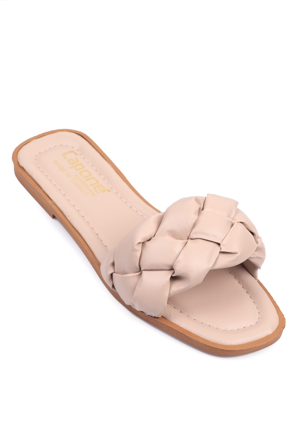 Capone Single Braided Band Soft Sole Blunt Toe Crinkly Patent Leather Women Beige Daily Sandals