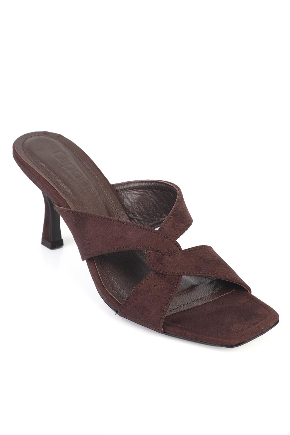 Capone Sissy Genuine Leather Lined Square Toe Cross Strap Mid Heel Suede Look Elegant Women Sued Brown Sandal