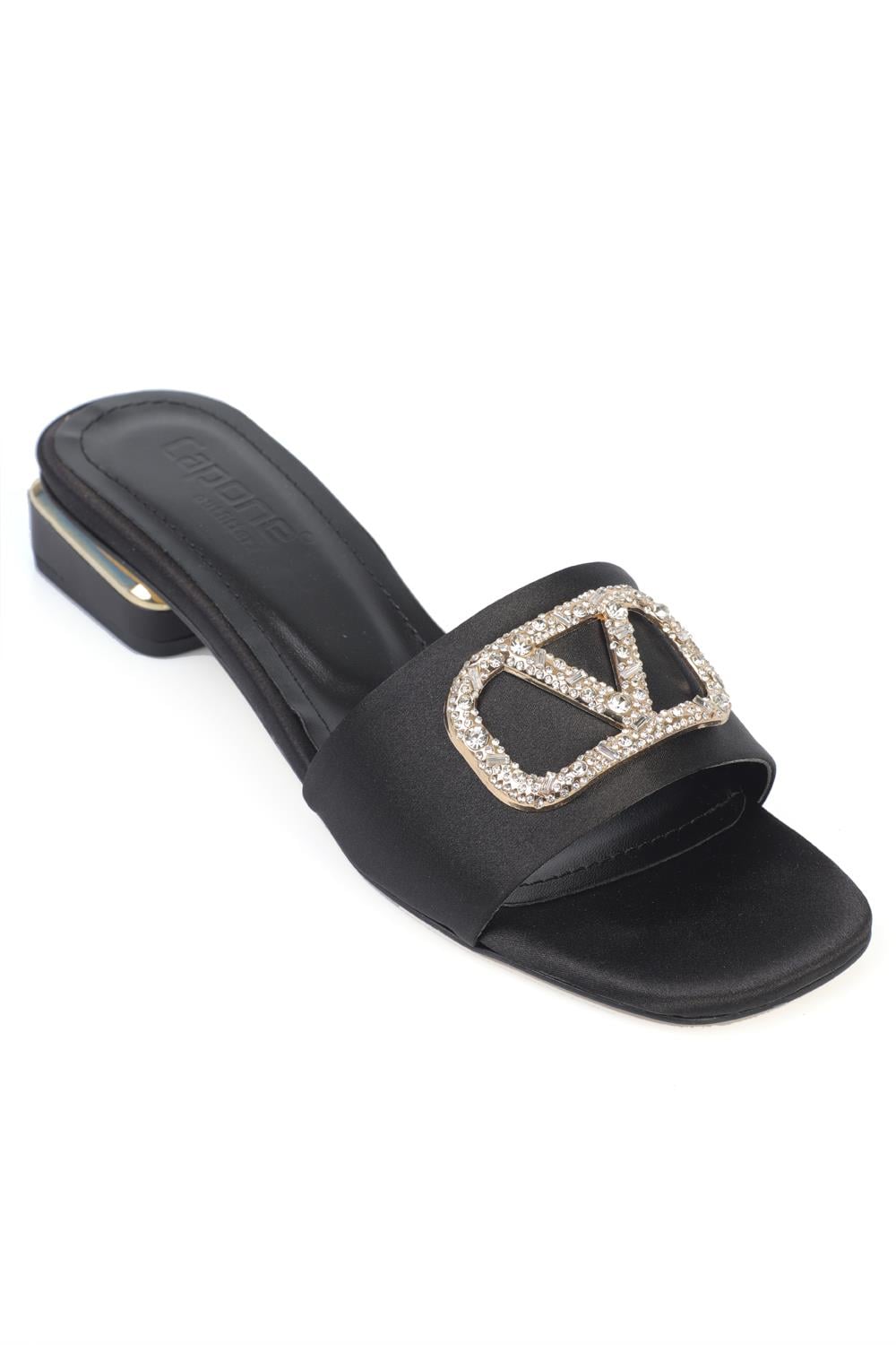 Capone Square Toe Crystal Embellished Buckle Satin Low Heel Women Satin Black Sandal