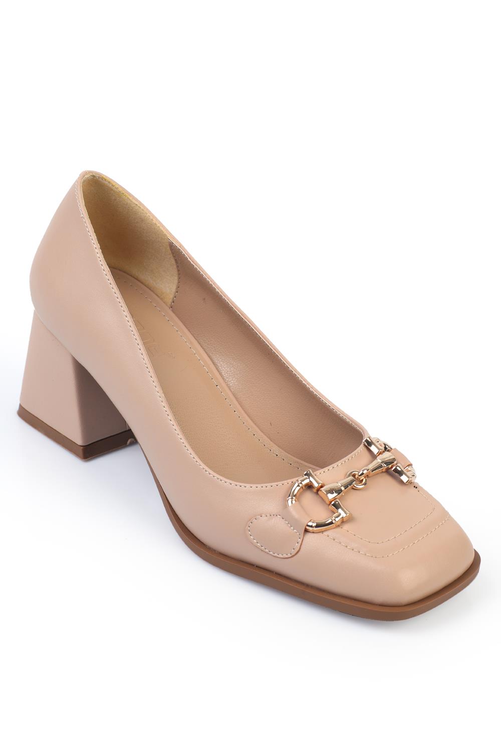 Capone Square-Toe Mid-Heeled Metal Accessorized Women Beige Shoes