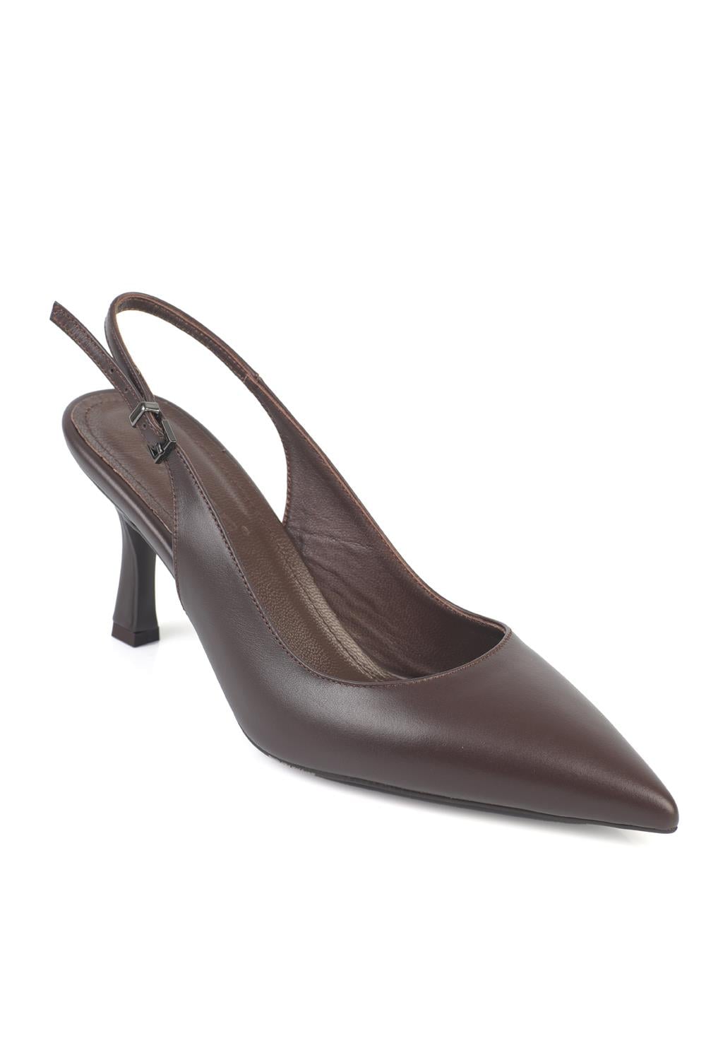Capone Steffi Genuine Leather Pointed Toe Mid Heel Side Buckle Open Back Women Brown Shoe