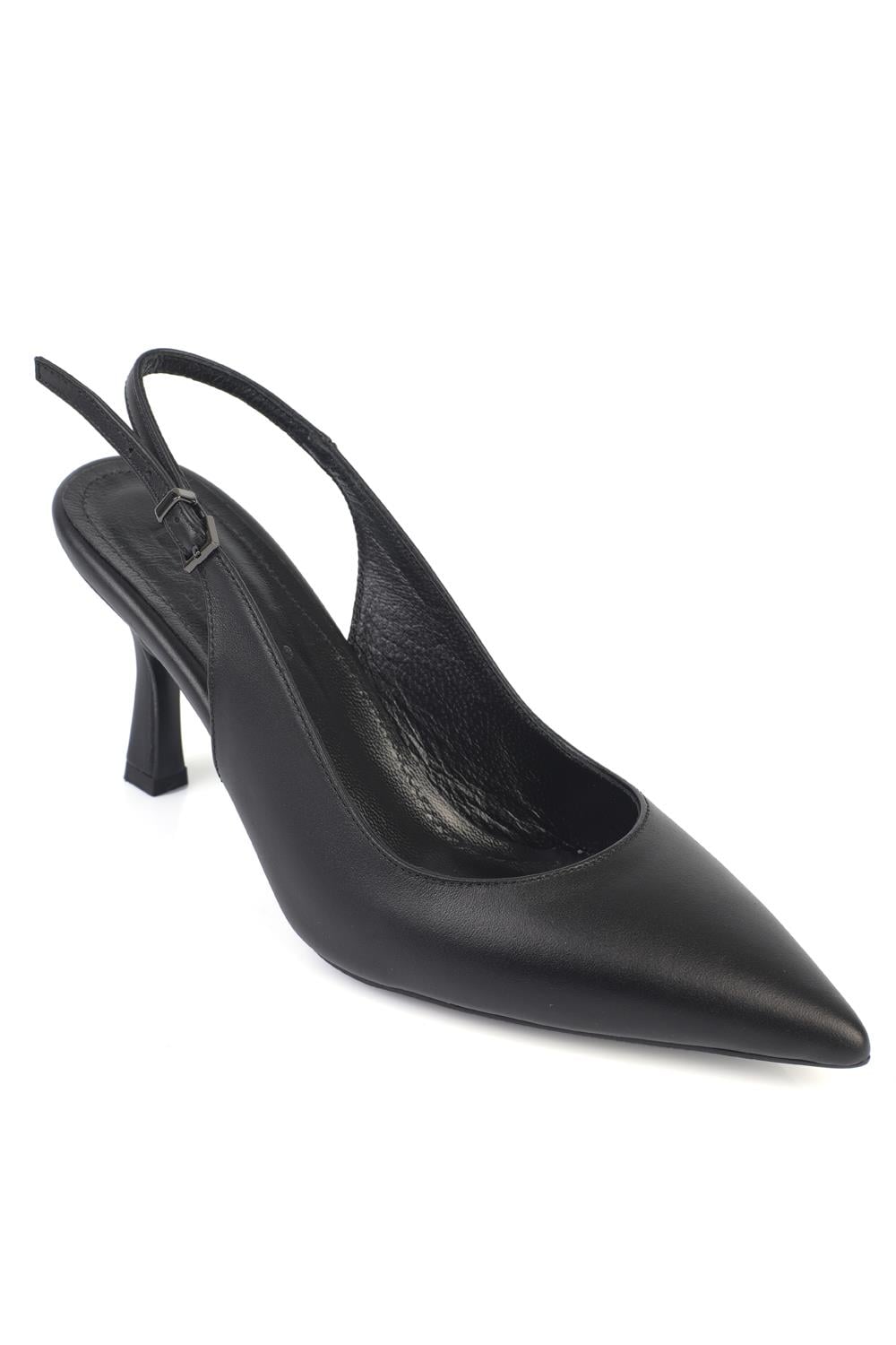 Capone Steffi Genuine Leather Pointed Toe Mid Heel Side Buckle Open Back Women Black Shoe